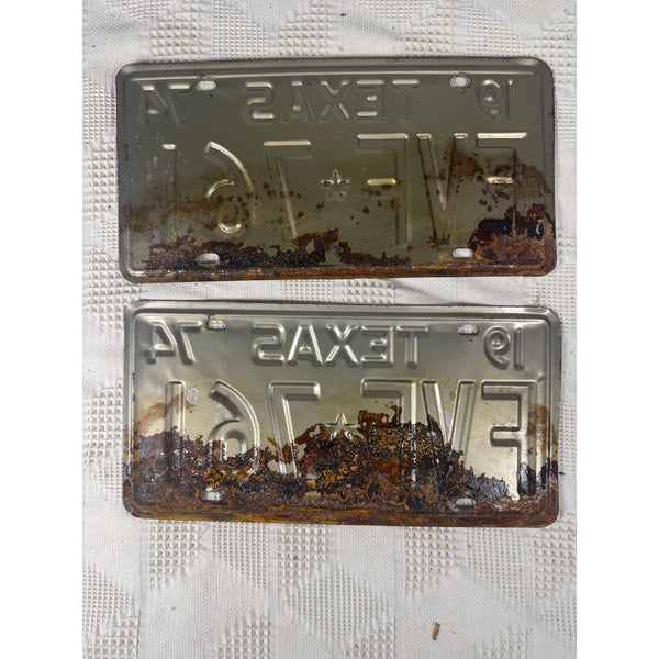 Vintage 1974 Texas License Plates Pair FVF 761 White w Red Embossed Text