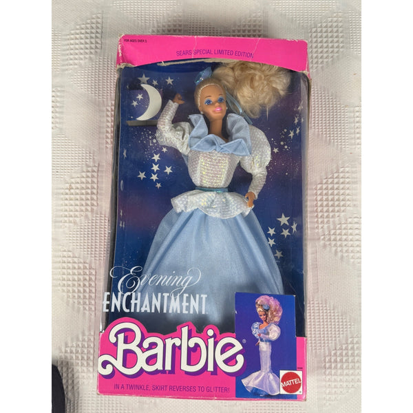 Vintage Mattel Barbie Evening Enchantment Sears Special Limited Edition doll in its original box, featuring a blonde doll in a light blue and white gown against a starry night background.