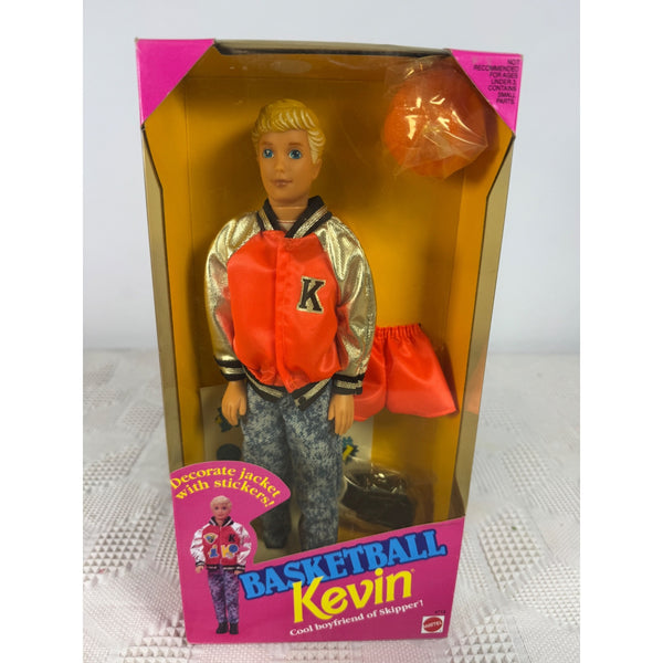 Vintage 'Basketball Kevin' doll in its original window box packaging, featuring a blonde boy with blue eyes wearing a gold and orange varsity jacket, blue jeans, and a matching orange skirt. Basketball Kevin Doll 1992 Vintage Mattel Skippers Boyfriend 4713 NIB
