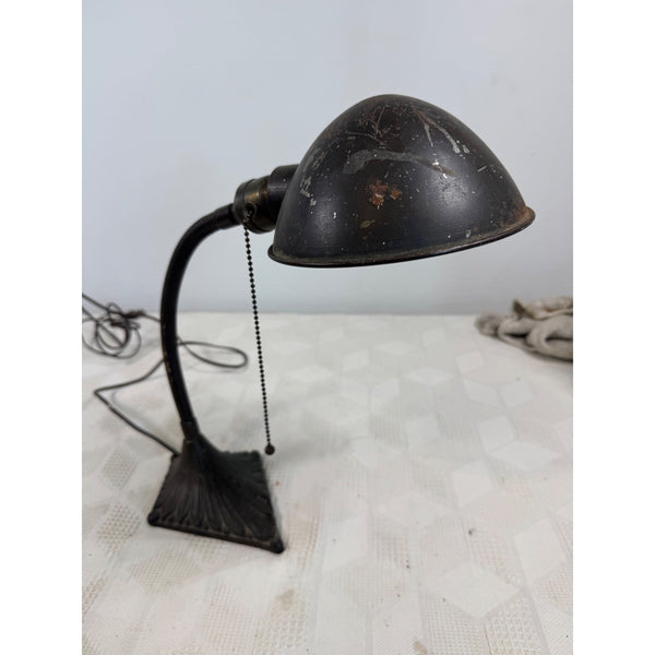 Vintage Art Deco Gooseneck Desk Lamp w Fluted Base and Metal Shade