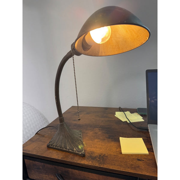 Vintage Art Deco Gooseneck Desk Lamp w Fluted Base and Metal Shade