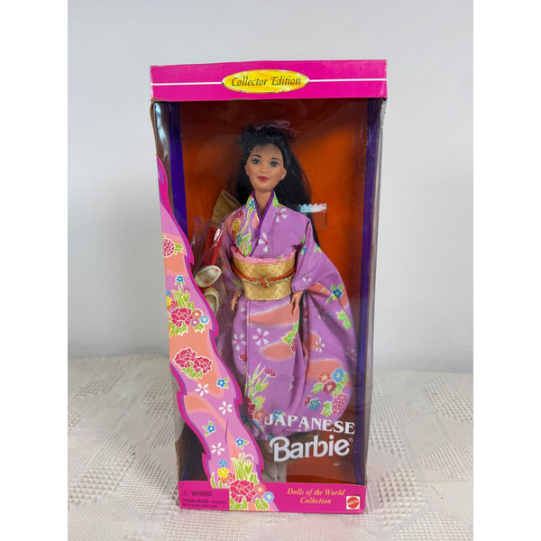 Japanese Barbie Collector Edition doll in its original pink and purple packaging, featuring a doll dressed in a floral-patterned purple kimono. Japanese Barbie Dolls Of The World Collection 1995 Special Edition 14163 NIB 