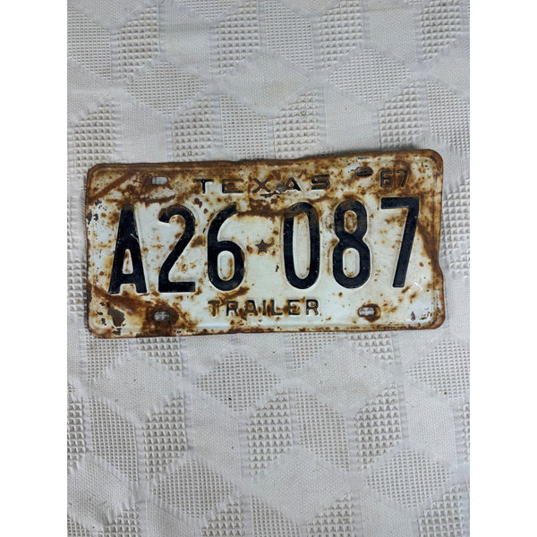 Vintage 1967 Texas Trailer License Plate A26 087 White Black Embossed Lettering