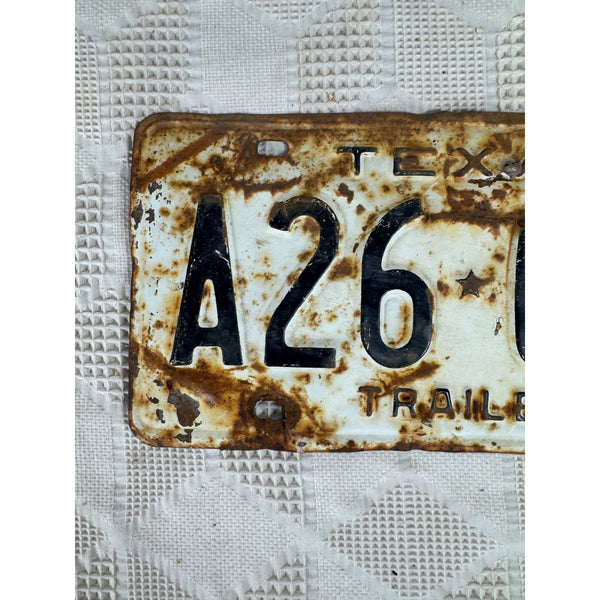 Vintage 1967 Texas Trailer License Plate A26 087 White Black Embossed Lettering