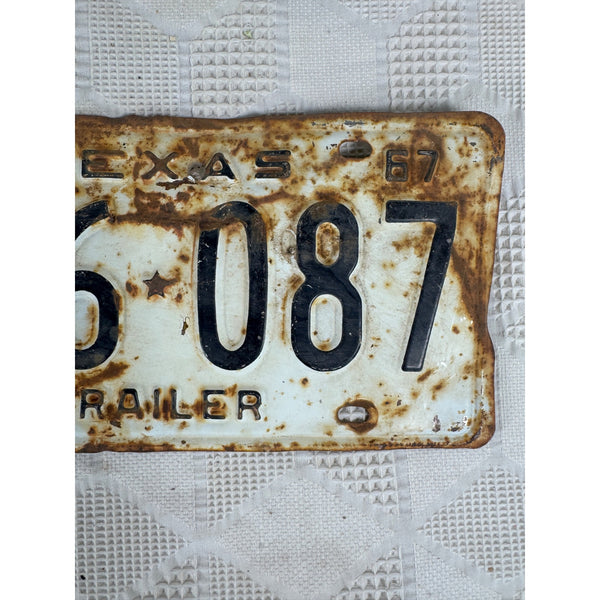 Vintage 1967 Texas Trailer License Plate A26 087 White Black Embossed Lettering