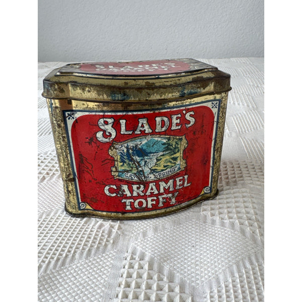 Vintage Slades Caramel Toffee Tin With Red Graphics and Gold Accents Collectible