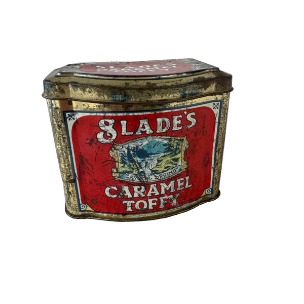 Vintage Slades Caramel Toffee Tin With Red Graphics and Gold Accents Collectible