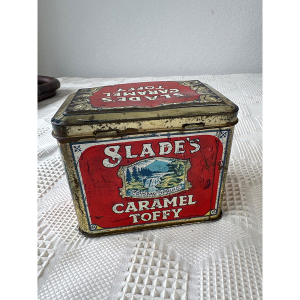 Vintage Slades Caramel Toffee Tin With Red Graphics and Gold Accents Collectible