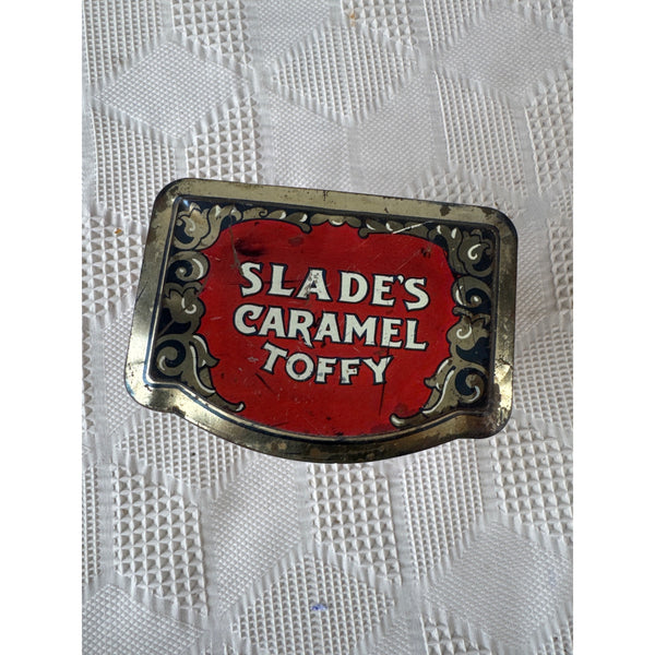 Vintage Slades Caramel Toffee Tin With Red Graphics and Gold Accents Collectible