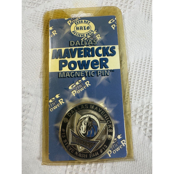 Dallas Mavericks Steve Nash Fan13 Magnetic Pin Halo Sports Inc Vintage 1990s NIB. Dallas Mavericks Power Magnetic Pin in its original blue and gold blister packaging, featuring a circular pin with a horse logo and team branding.