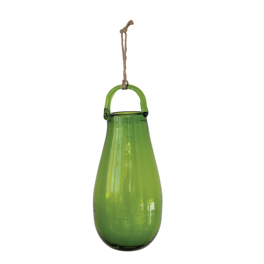 Hanging Hand-Blown Green Glass Vase w/ Jute Hanger