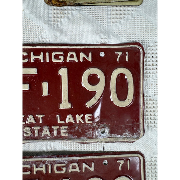 1971 Michigan State License Plates Pair BCF 190 Vintage Red w Embossed White