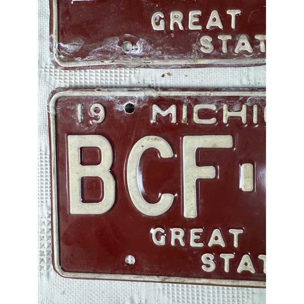 1971 Michigan State License Plates Pair BCF 190 Vintage Red w Embossed White