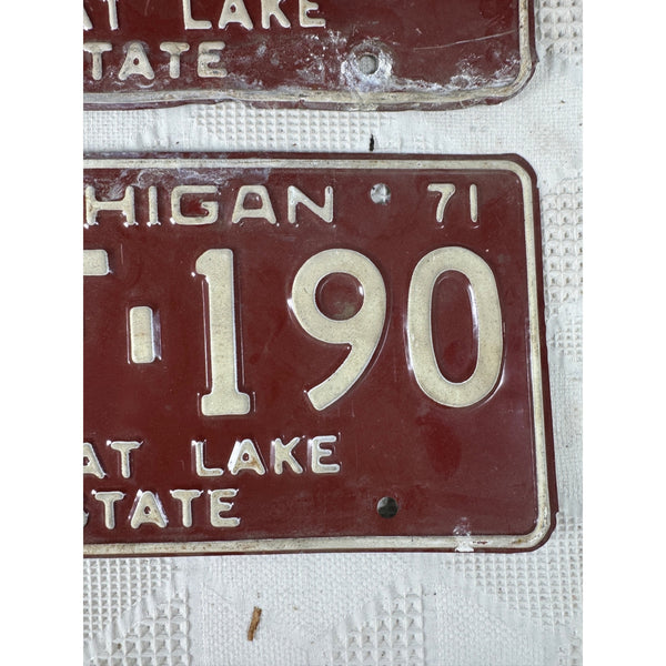 1971 Michigan State License Plates Pair BCF 190 Vintage Red w Embossed White