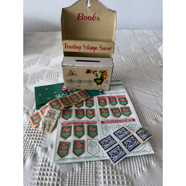 Vintage Metal Trading Stamp Saver Box w Rooster Design and S H Green Stamps Sheets