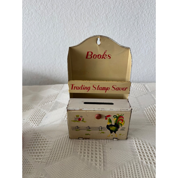 Vintage Metal Trading Stamp Saver Box w Rooster Design and S H Green Stamps Sheets