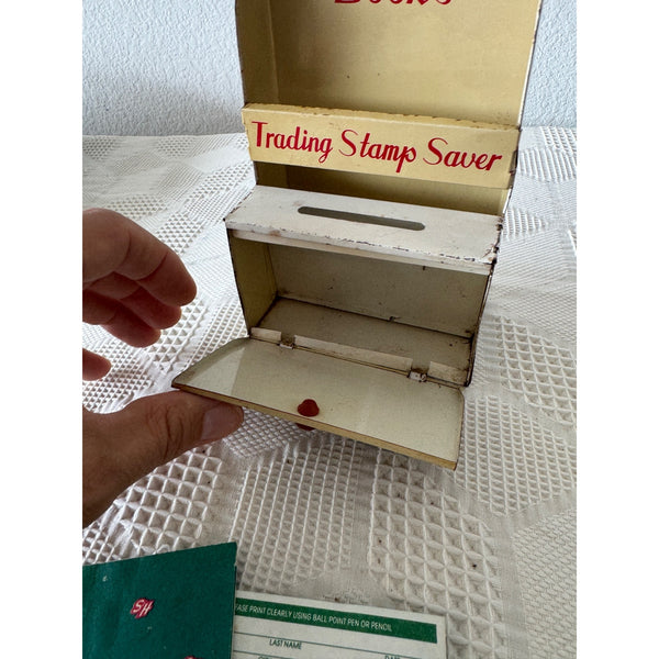 Vintage Metal Trading Stamp Saver Box w Rooster Design and S H Green Stamps Sheets