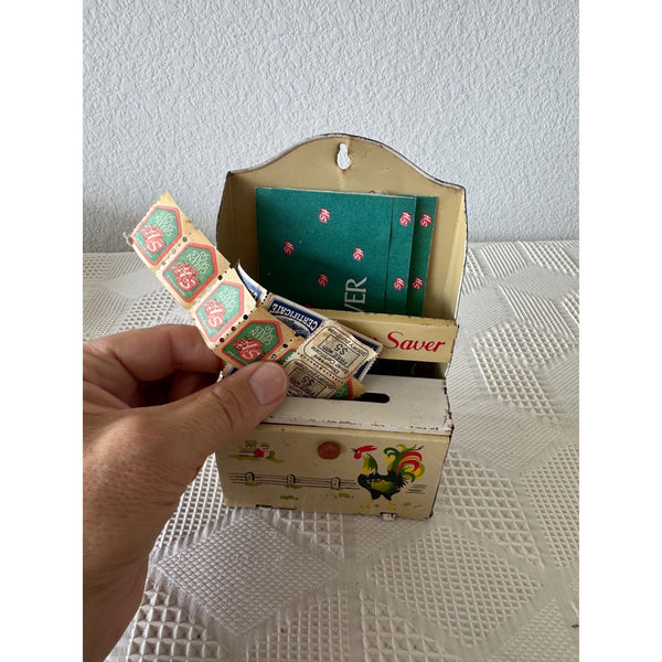 Vintage Metal Trading Stamp Saver Box w Rooster Design and S H Green Stamps Sheets