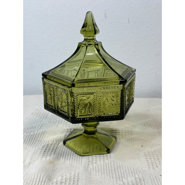 Vintage Anchor Hocking Green Glass Pedestal Candy Dish w Lid Hexagonal Embossed