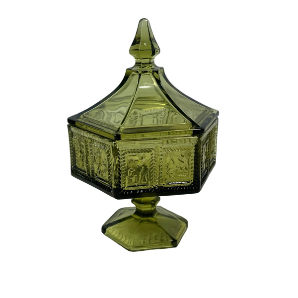 Vintage Anchor Hocking Green Glass Pedestal Candy Dish w Lid Hexagonal Embossed 
