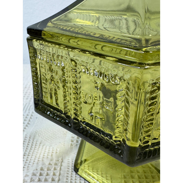 Vintage Anchor Hocking Green Glass Pedestal Candy Dish w Lid Hexagonal Embossed