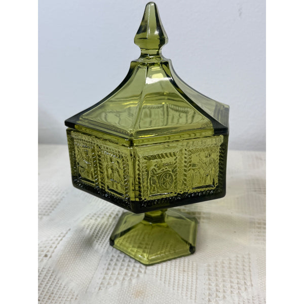 Vintage Anchor Hocking Green Glass Pedestal Candy Dish w Lid Hexagonal Embossed