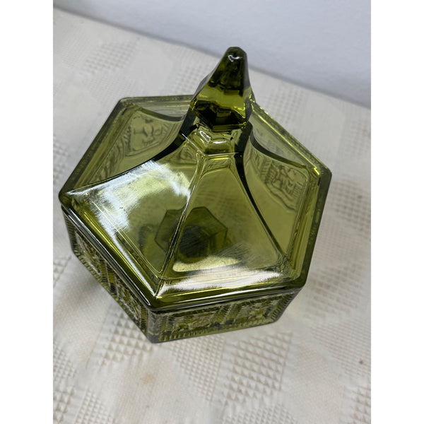 Vintage Anchor Hocking Green Glass Pedestal Candy Dish w Lid Hexagonal Embossed