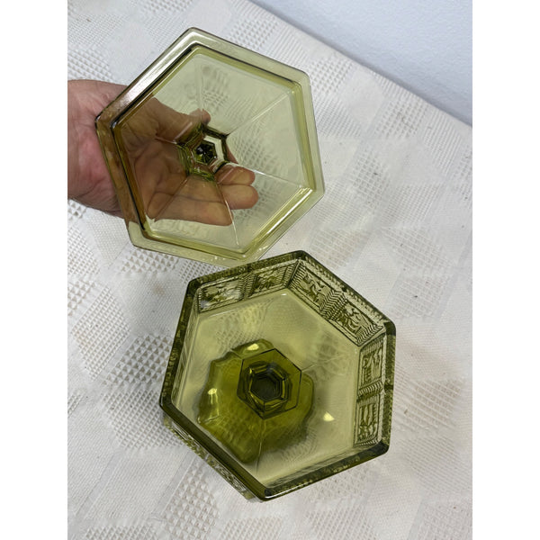 Vintage Anchor Hocking Green Glass Pedestal Candy Dish w Lid Hexagonal Embossed