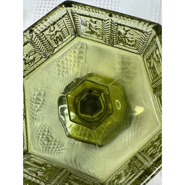 Vintage Anchor Hocking Green Glass Pedestal Candy Dish w Lid Hexagonal Embossed