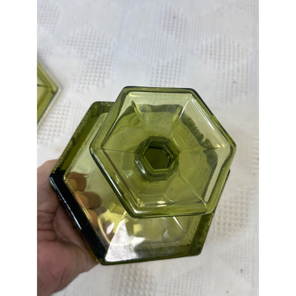 Vintage Anchor Hocking Green Glass Pedestal Candy Dish w Lid Hexagonal Embossed