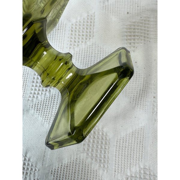 Vintage Anchor Hocking Green Glass Pedestal Candy Dish w Lid Hexagonal Embossed
