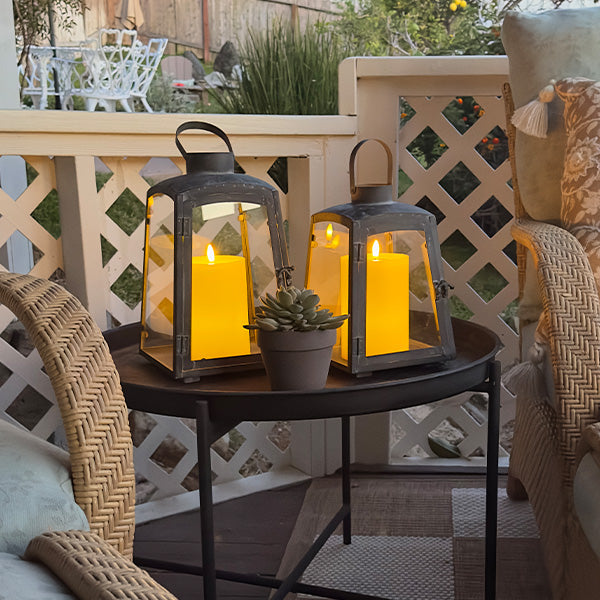 Removable Metal Lanterns with Wood Base displayed on side table