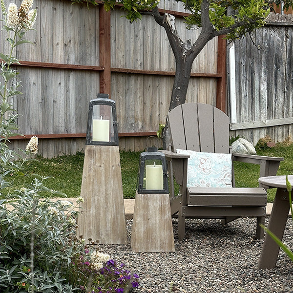 Removable Metal Lanterns with Wood Base outdoors next to chair