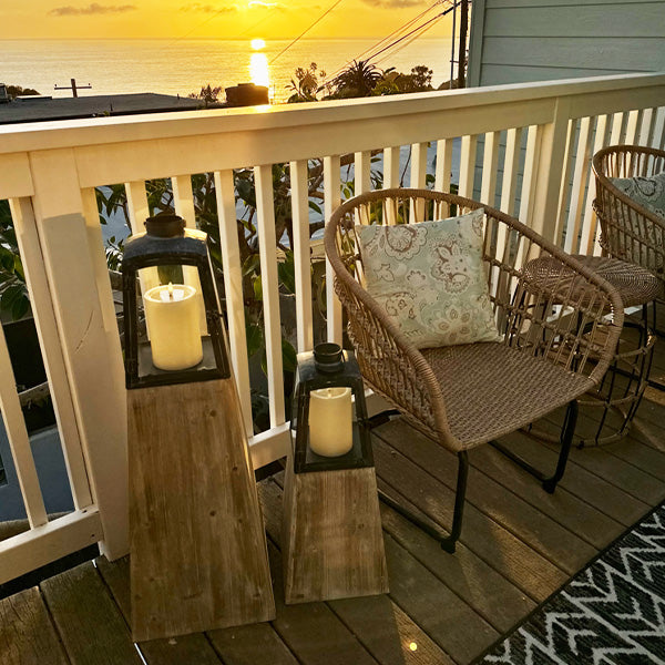 Removable Metal Lanterns with Wood Base on porch