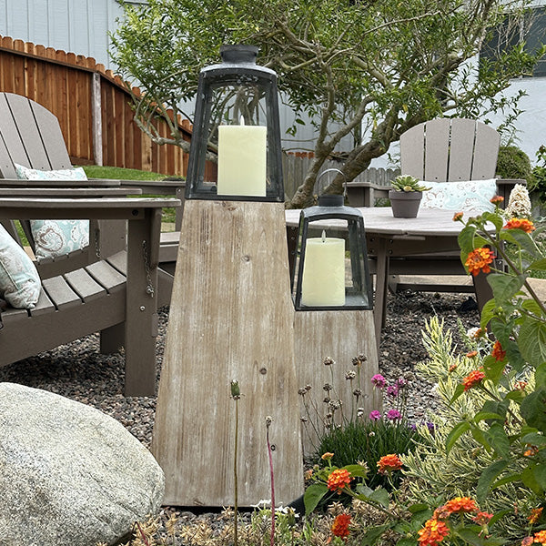 Removable Metal Lanterns with Wood Base in garden