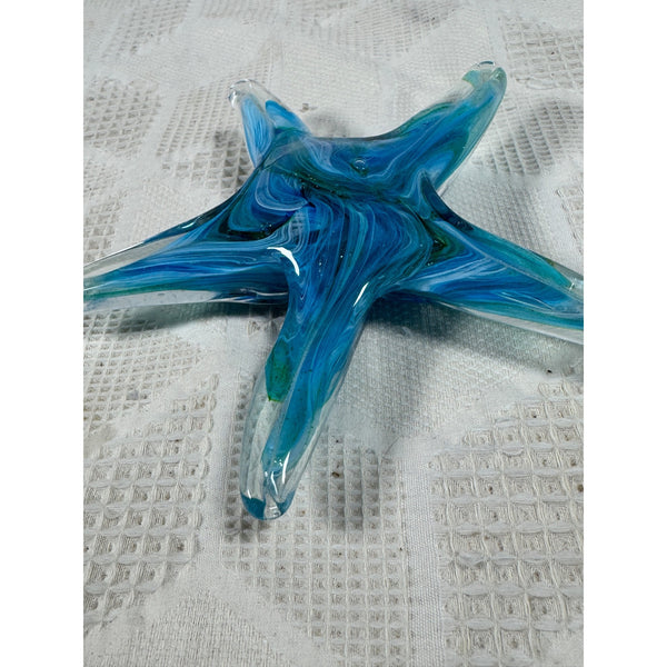 Handcrafted Blue Glass Starfish Paperweight Coastal Home Decor Accent