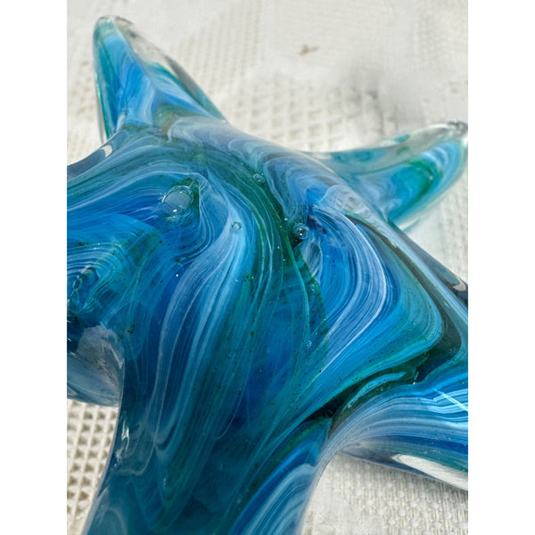 Handcrafted Blue Glass Starfish Paperweight Coastal Home Decor Accent