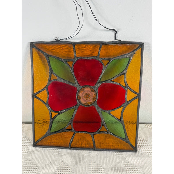 Vintage 12 Inch Stained Glass Panel Floral Design Leaded Stained Glass Wall Art