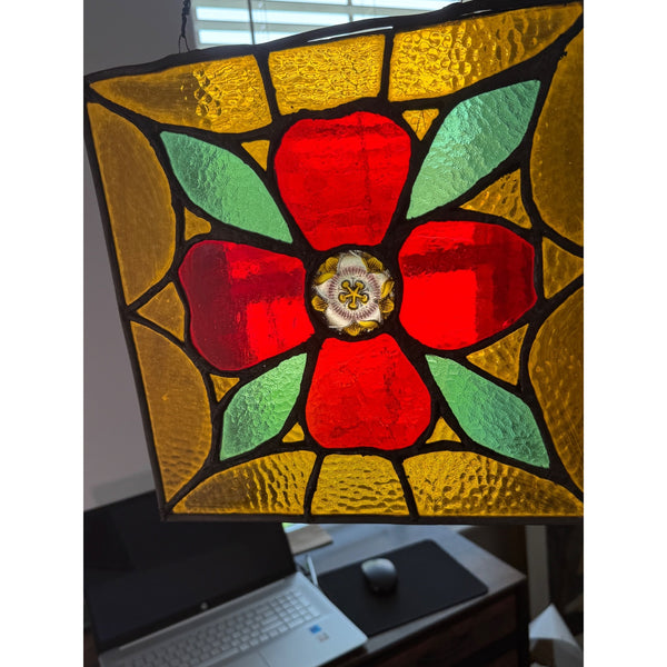 Vintage 12 Inch Stained Glass Panel Floral Design Leaded Stained Glass Wall Art