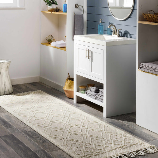 Ramsbury Beige Trellis Wool Rug bathroom runner