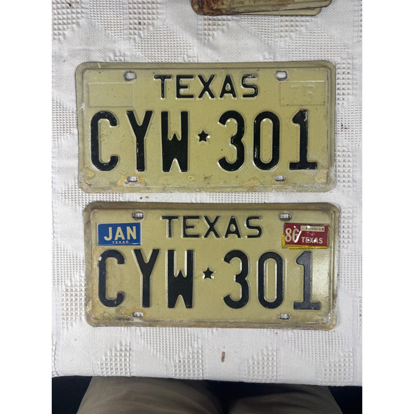 Pair Of Vintage Texas License Plates CYW 301 1975 White w Black Embossed Letters