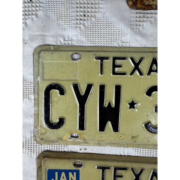 Pair Of Vintage Texas License Plates CYW 301 1975 White w Black Embossed Letters