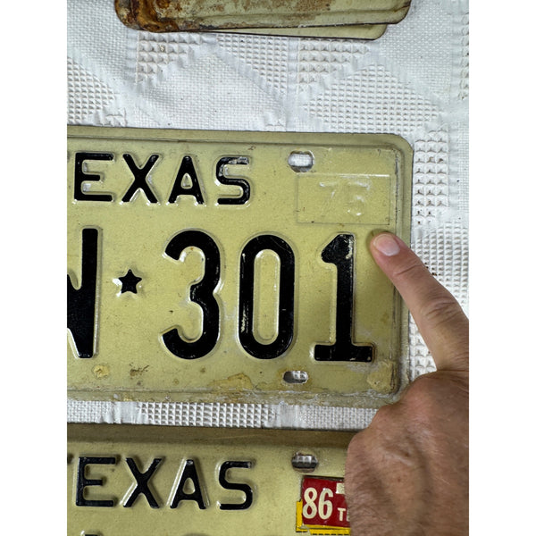 Pair Of Vintage Texas License Plates CYW 301 1975 White w Black Embossed Letters