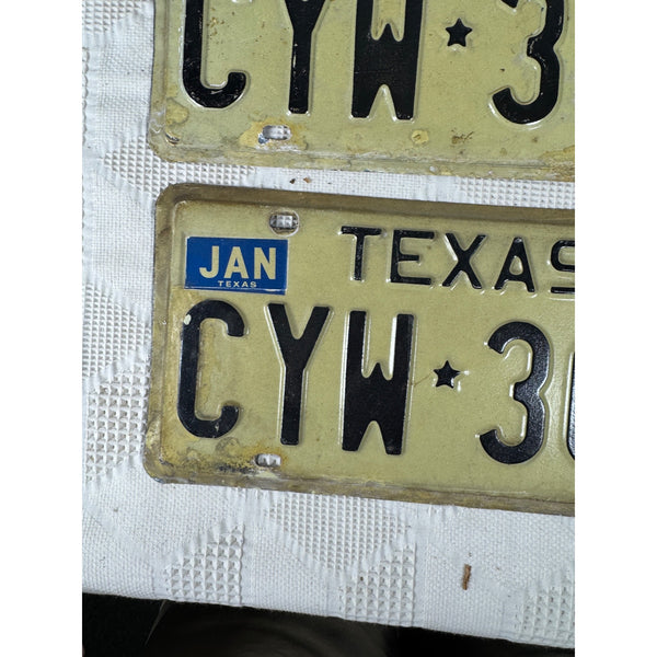 Pair Of Vintage Texas License Plates CYW 301 1975 White w Black Embossed Letters