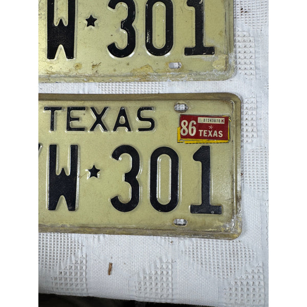 Pair Of Vintage Texas License Plates CYW 301 1975 White w Black Embossed Letters