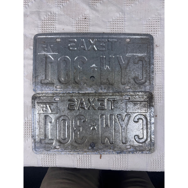 Pair Of Vintage Texas License Plates CYW 301 1975 White w Black Embossed Letters
