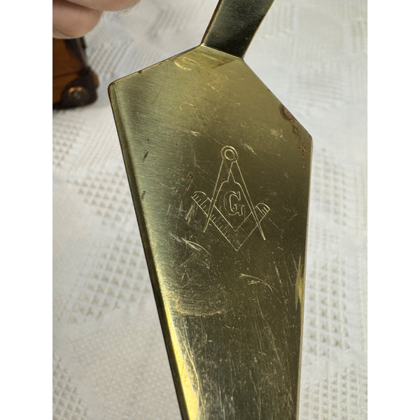 Masonic Brass Trowel w Black Handle Freemason Engraving Vintage Collectible