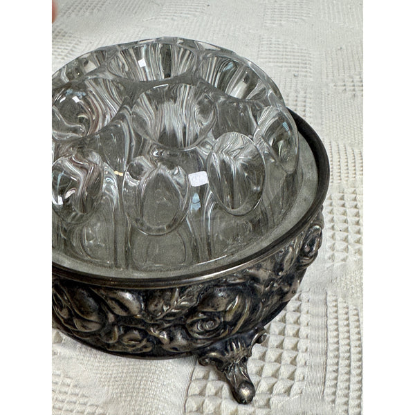 Vintage Silver Plated Floral Frog With Glass Top By De Uberti Italy c1950s