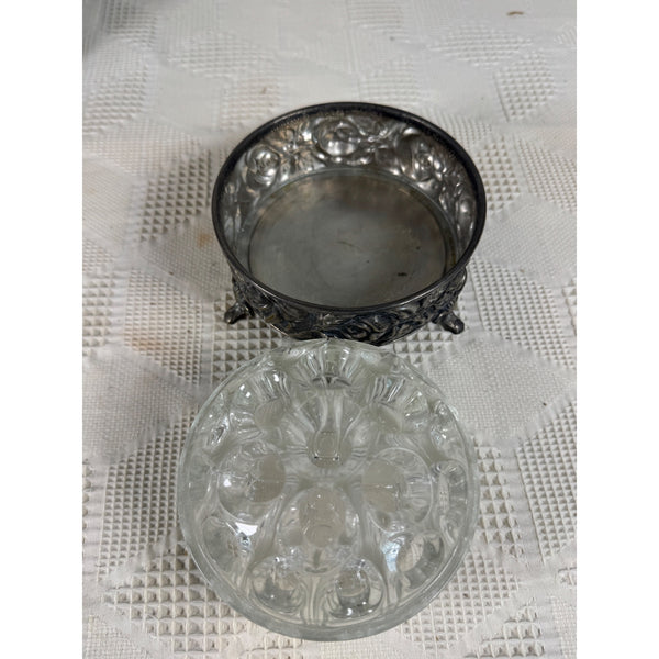 Vintage Silver Plated Floral Frog With Glass Top By De Uberti Italy c1950s