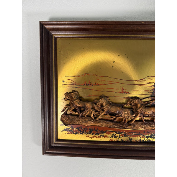 John Louw Stagecoach Embossed Copper Art In Wood Frame Western Americana 1970s